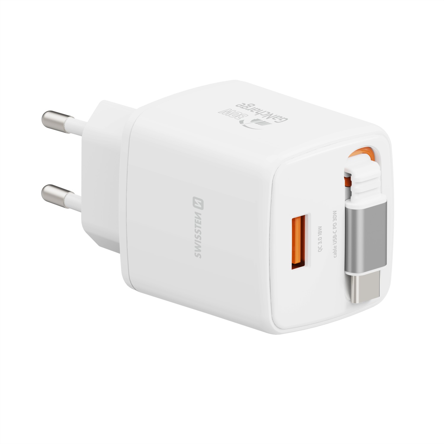 Swissten Adaptér SlideCHARGE GaN 30W, 1x USB-A 18W se zatahovacím USB-C kabelem 0.75 M bílá