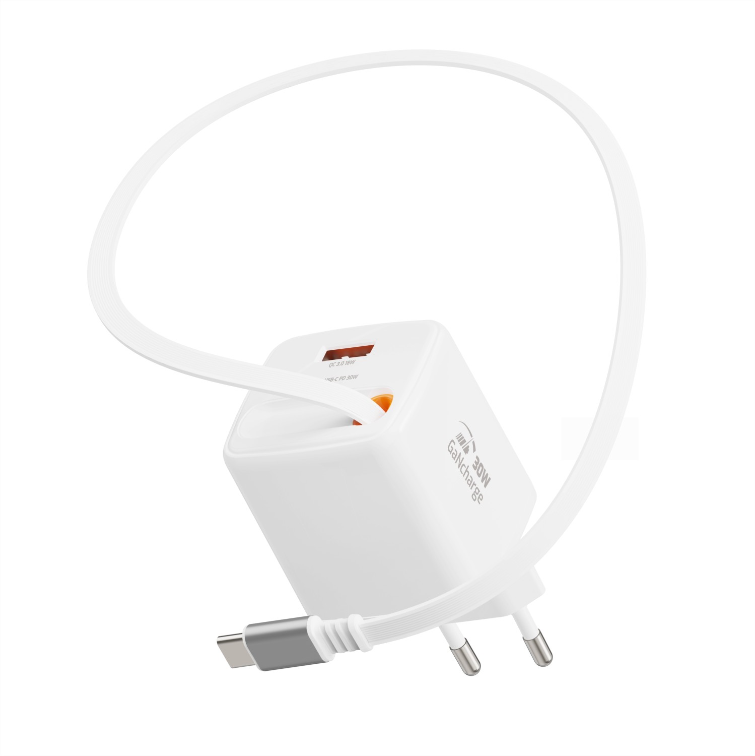 Swissten Adaptér SlideCHARGE GaN 30W, 1x USB-A 18W se zatahovacím USB-C kabelem 0.75 M bílá