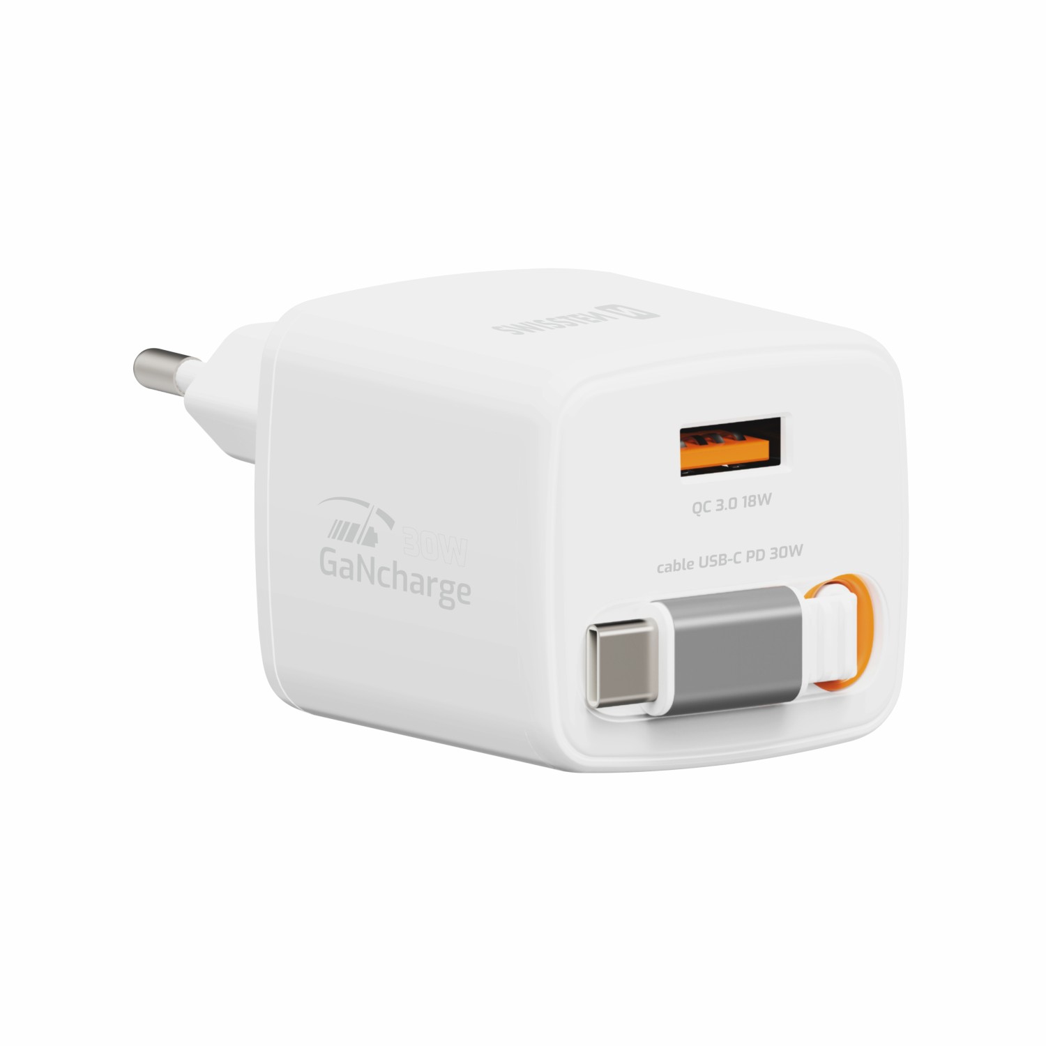 Swissten Adaptér SlideCHARGE GaN 30W, 1x USB-A 18W se zatahovacím USB-C kabelem 0.75 M bílá