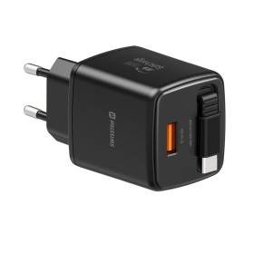Swissten Adaptér SlideCHARGE GaN 30W, 1x USB-A 18W se zatahovacím USB-C kabelem 0.75 M černá