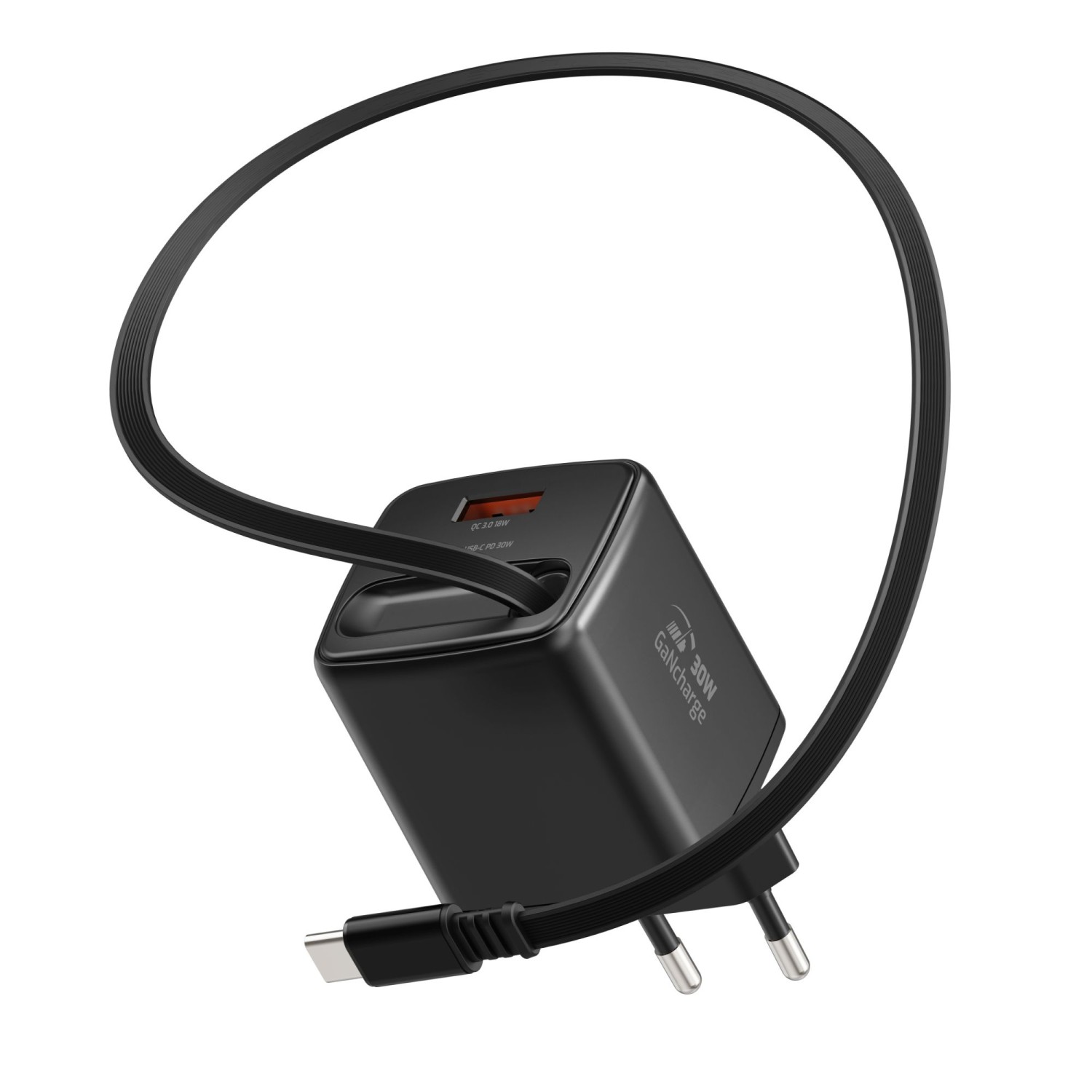 Swissten Adaptér SlideCHARGE GaN 30W, 1x USB-A 18W se zatahovacím USB-C kabelem 0.75 M černá
