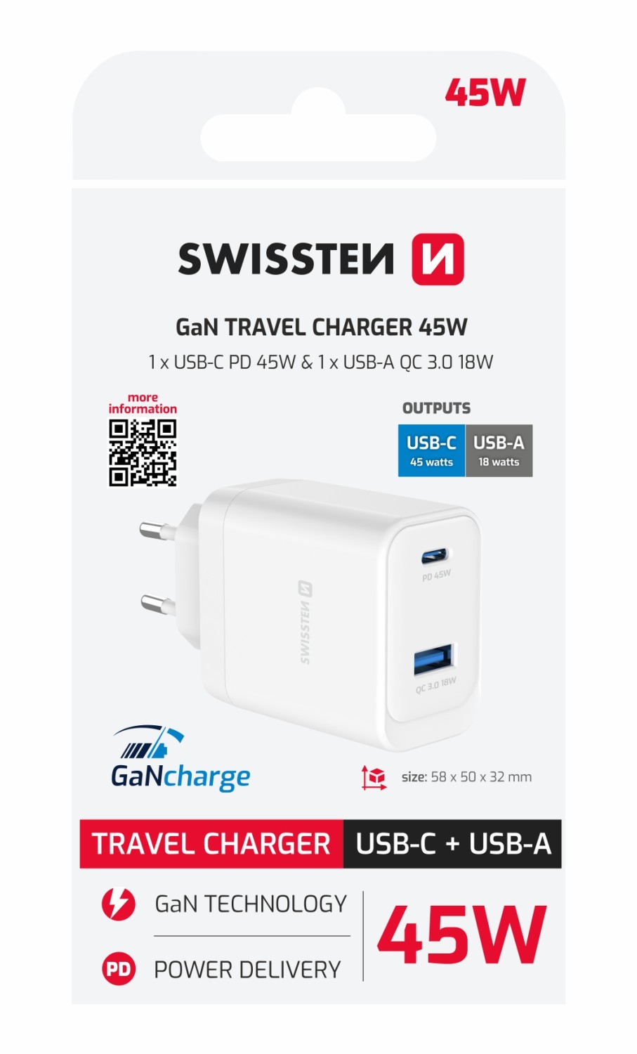 Swissten Síťový Adaptér GaN 1x USB-C 45W PD + 1x USB-A 18W QC bílá