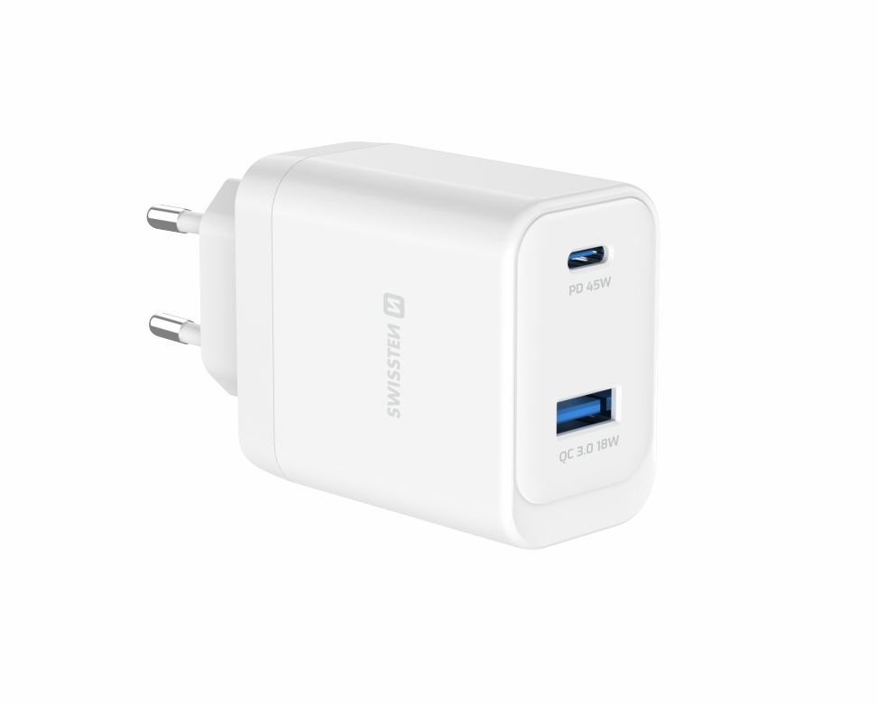 Swissten Síťový Adaptér GaN 1x USB-C 45W PD + 1x USB-A 18W QC bílá