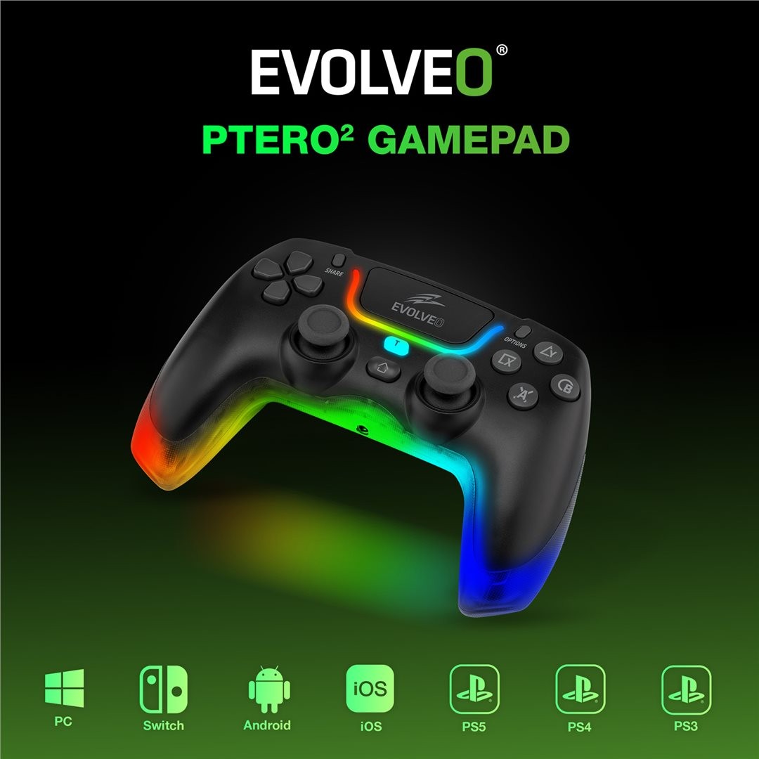 Evolveo Ptero2, bezdrátový gamepad pro PC, PS3/4/5, iOS, Android, Switch, černá