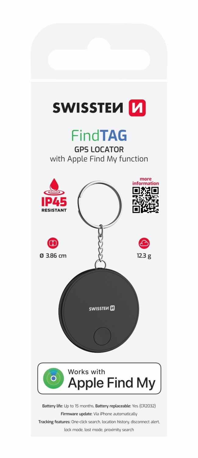 Swissten Find Tag chytrý lokátor s funkcí Apple Find My černá