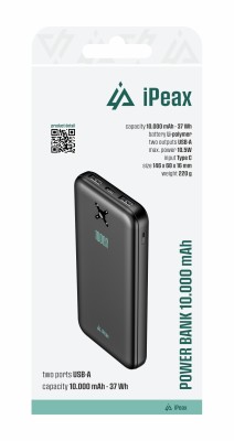 iPEAX powerbanka 10000 mAh, 10,5W, 2x USB-A černá