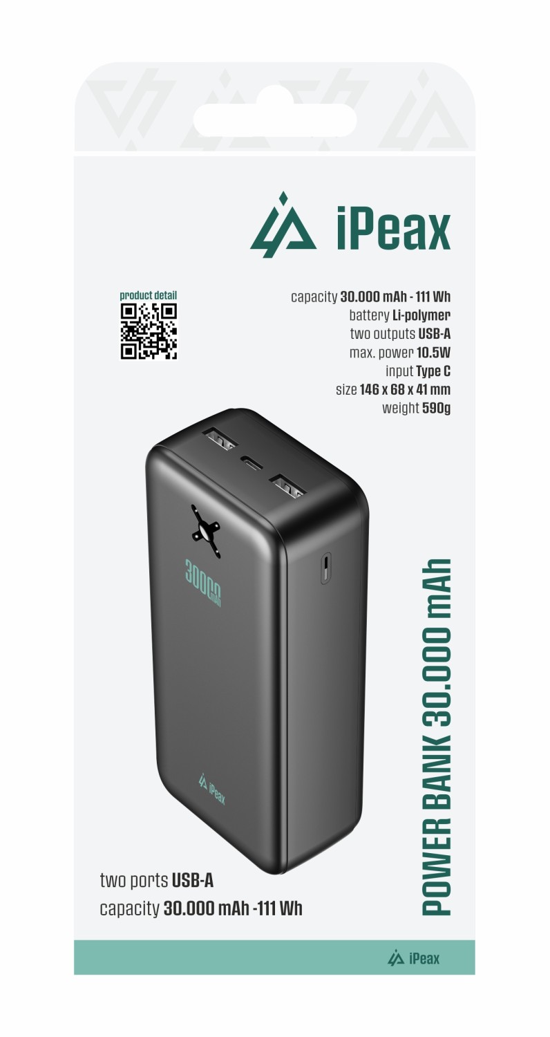 iPEAX powerbanka 30000 mAh, 10,5W, 2x USB-A černá