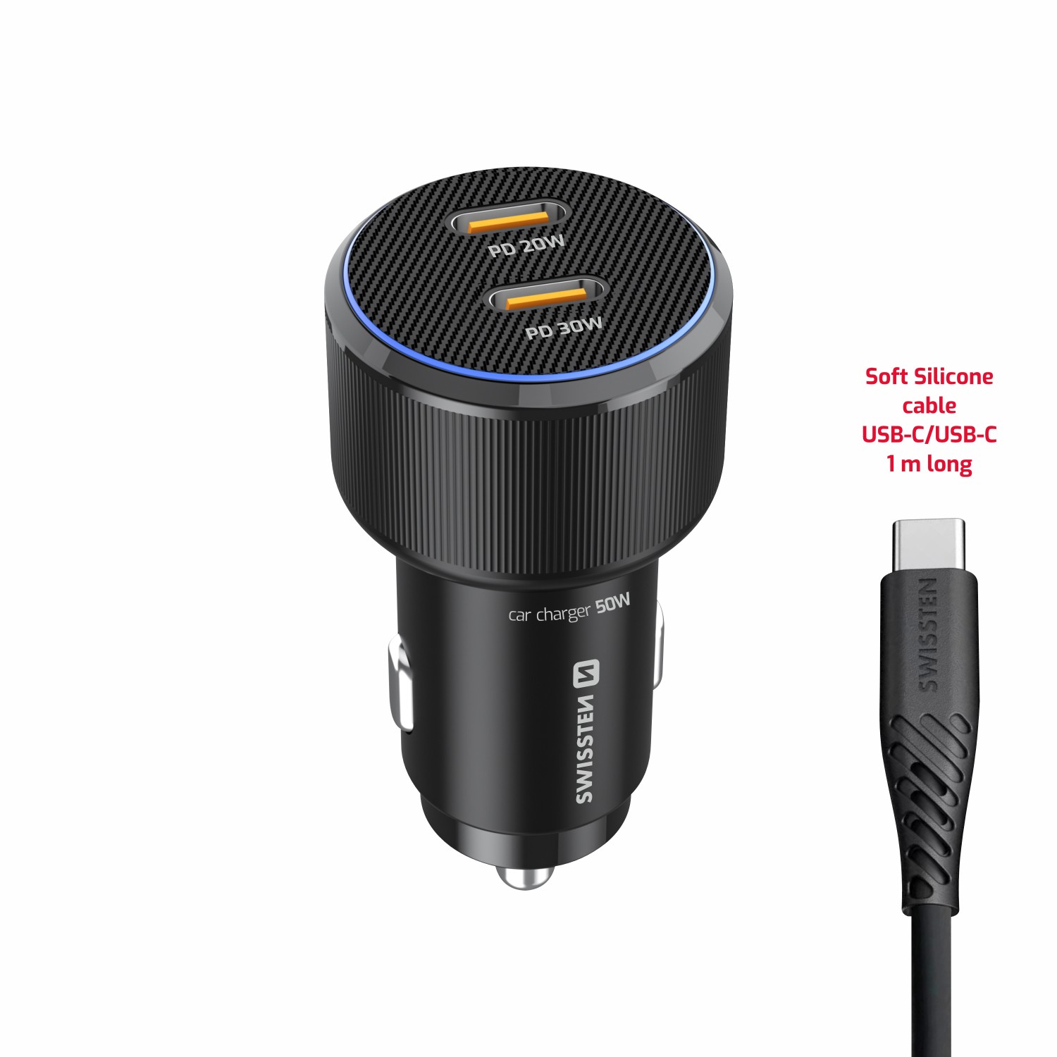 Swissten CL Adaptér 2x USB-C PD, 50W černá + USB-C / USB-C, 1m kabel