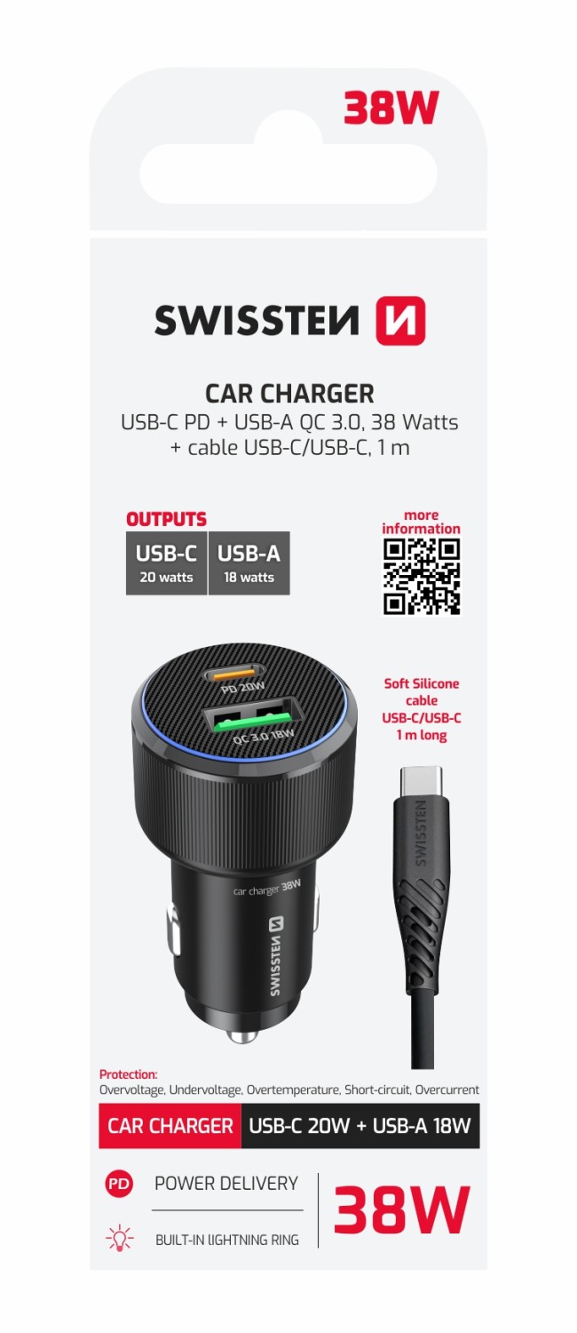 Swissten CL Adaptér USB-C PD + USB-A, 38W černá + kabel USB-C / USB-C 1m