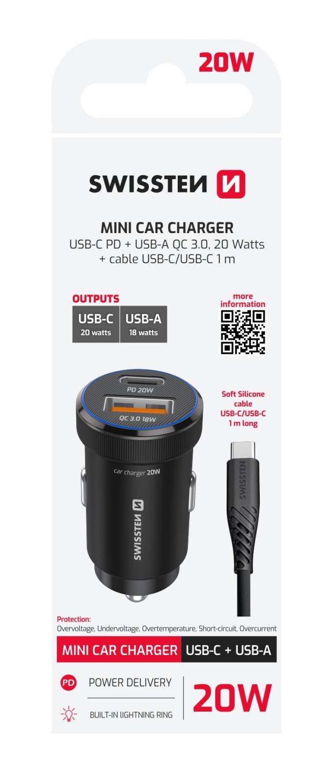 Swissten CL Adaptér USB-C PD + USB-C, 20W černá + kabel USB-C / USB-C 1m