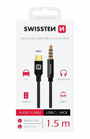Audio Adaptér Swissten Textile USB-C (samec)/3,5 mm jack (samec) 1,5M černá
