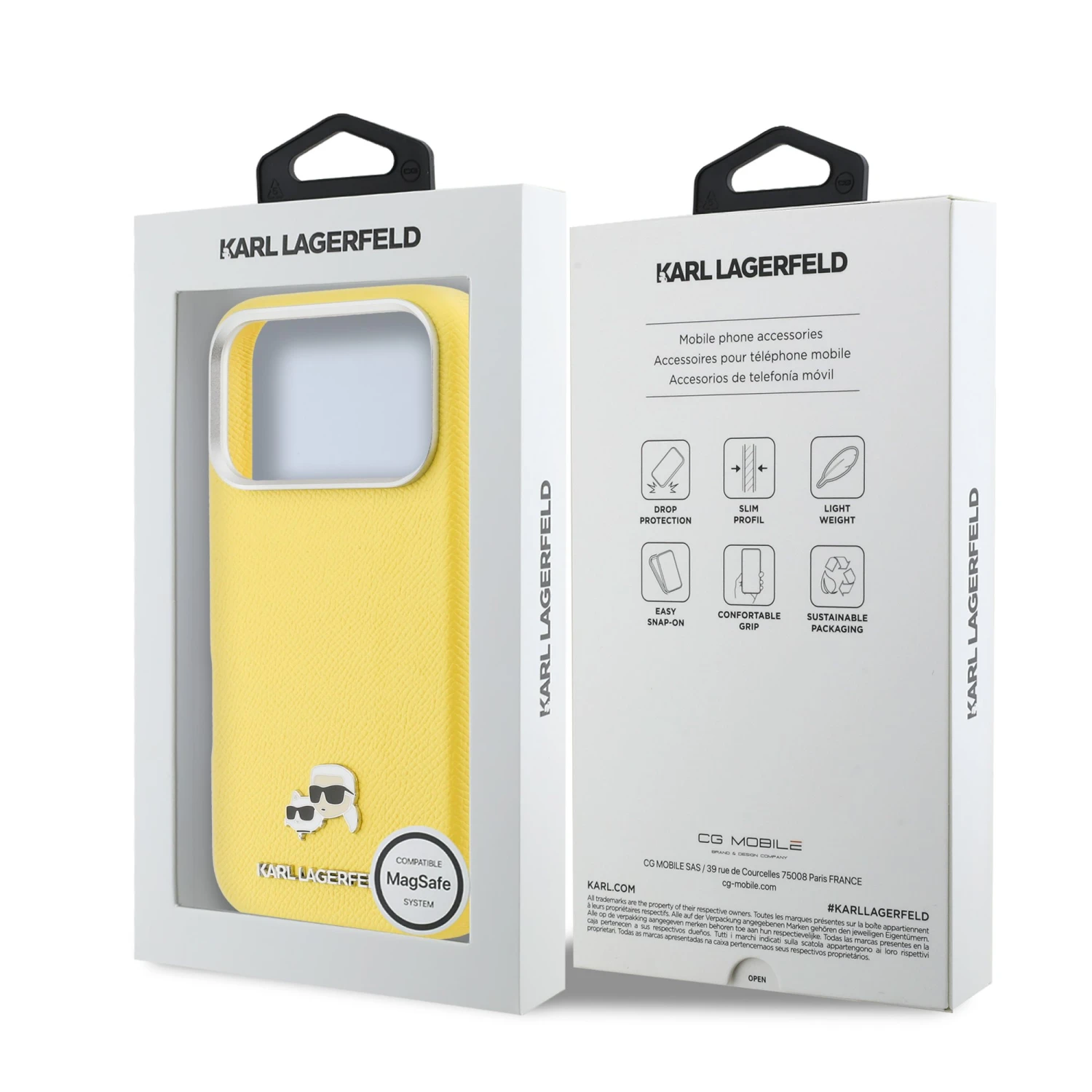 Karl Lagerfeld PU Karl and Choupette Heads Pins MagSafe Zadní Kryt pro iPhone 17 Pro Max Yellow