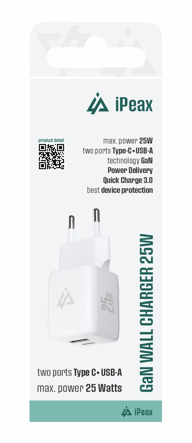 iPeax GaN Síťová Nabíječka 25W (USB-C + USB-A) bílá