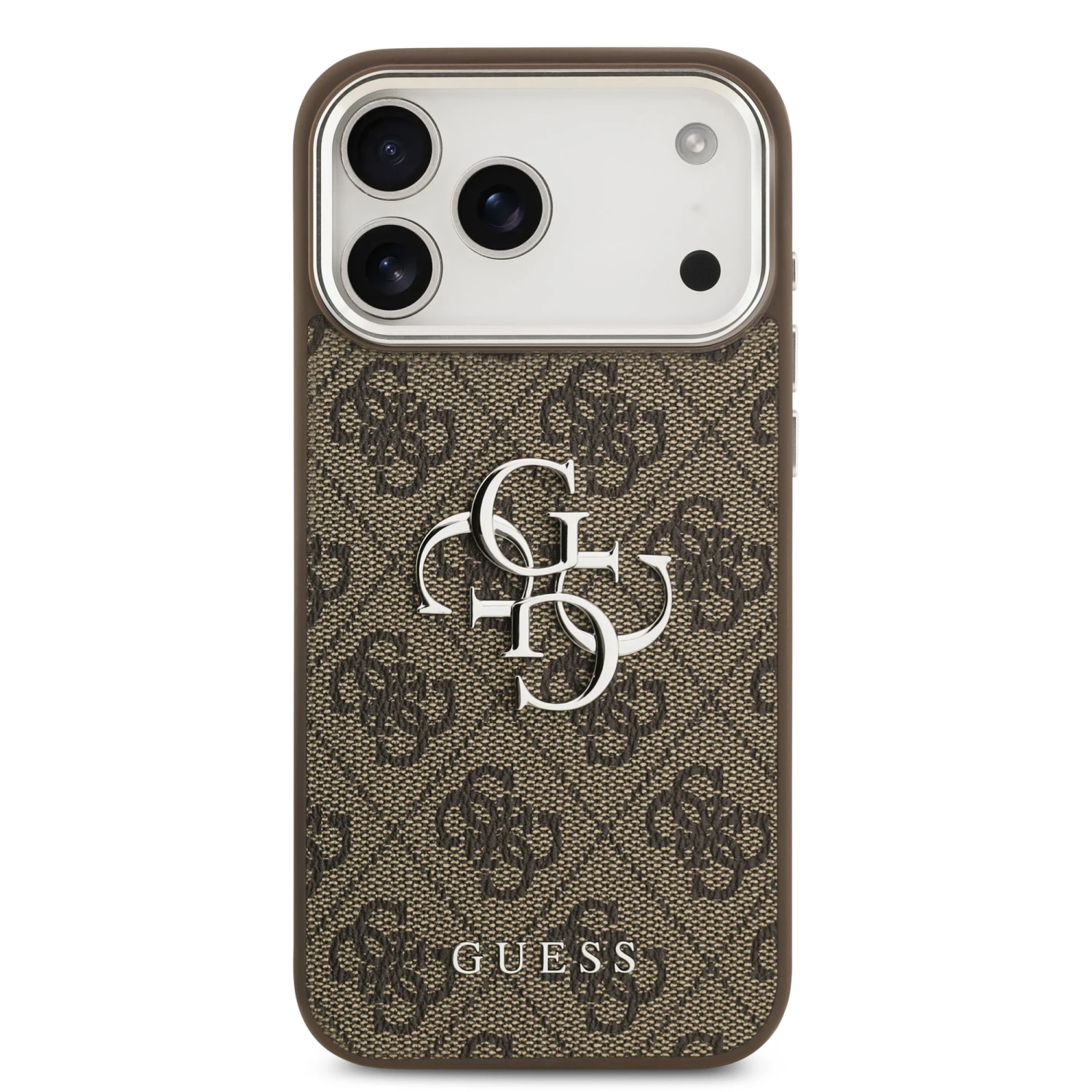 Guess PU 4G Metal Logo Zadní Kryt pro iPhone 17 Pro Max Silver Brown