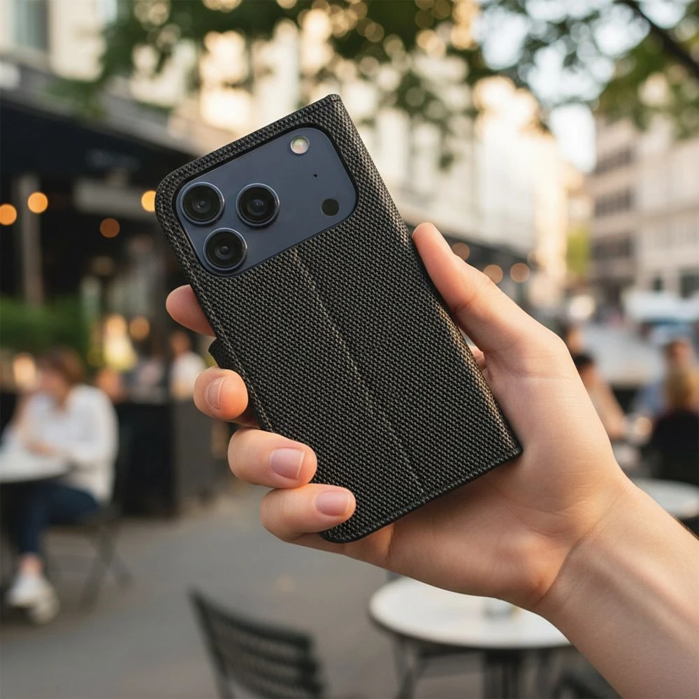 Anti-Theft 4Card RFID Book Case for IPHONE 17 PRO MAX black tech fabric