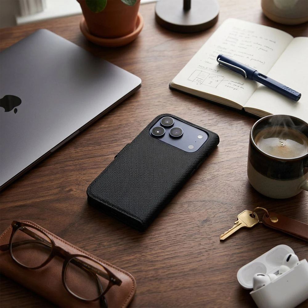 Anti-Theft 4Card RFID Book Case for IPHONE 17 PRO MAX black tech fabric