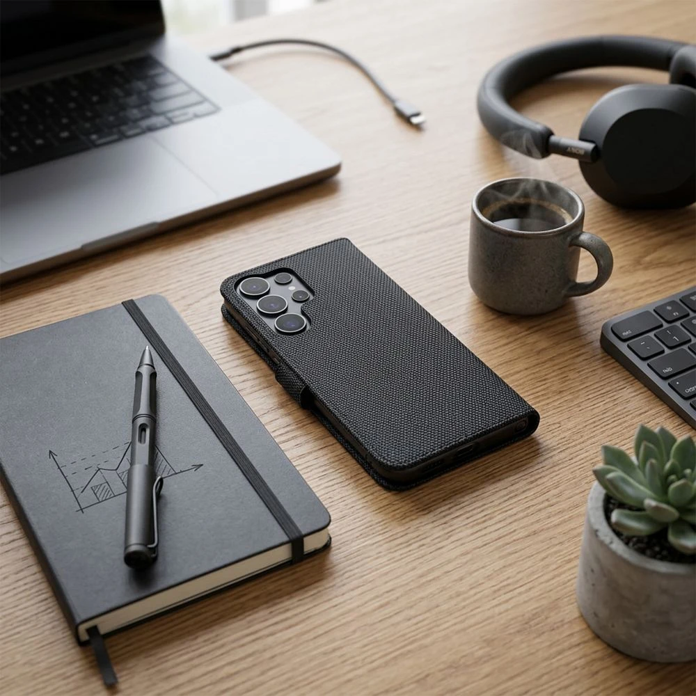 Anti-Theft 4Card RFID Book Case for XIAOMI Redmi Note 15 PRO 4G black tech fabric