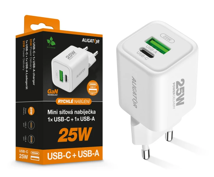 Rychlá nabíječka ALIGATOR Mini, PD 25W, USB + USB-C, bílá