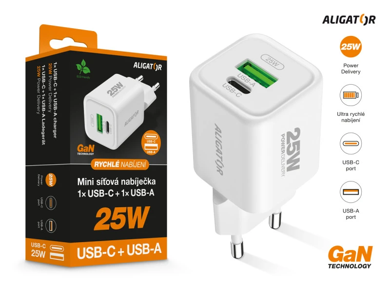Rychlá nabíječka ALIGATOR Mini, PD 25W, USB + USB-C, bílá