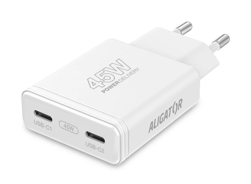 Rychlá nabíječka ALIGATOR slim, PD 45W, 2xUSB-C, bílá