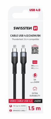 Swissten datový video kabel USB 4.0, USB-C, 240W, 8K@60Hz, 40 GB/s, 1,5m, černá