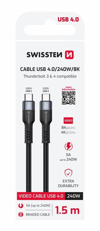 Levně Swissten datový video kabel USB 4.0, USB-C, 240W, 8K@60Hz, 40 GB/s, 1,5m, černá