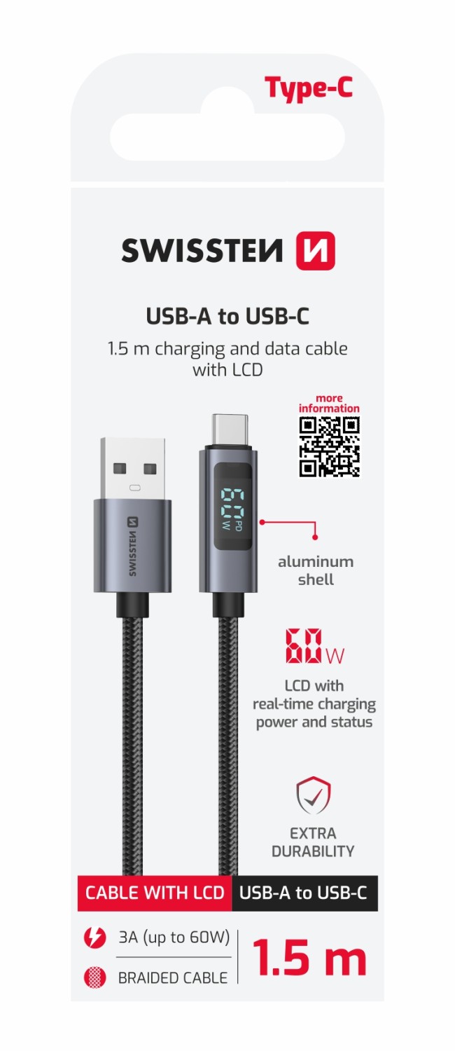 Swissten LCD kabel USB-A / USB-C 1,5m