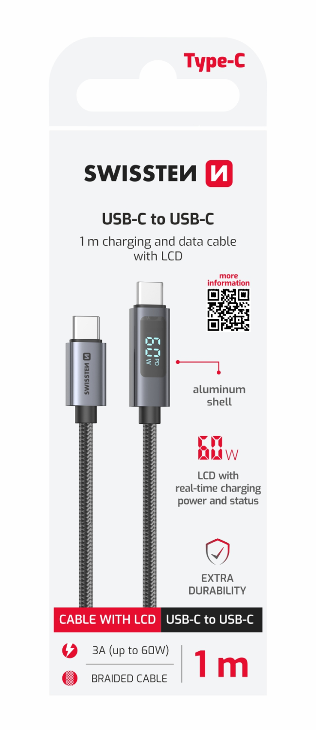Swissten LCD kabel USB-A / USB-C 1m