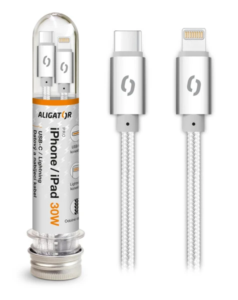 Datový kabel ALIGATOR TUBA 30W, USB-C/Lightning 1m, bílá