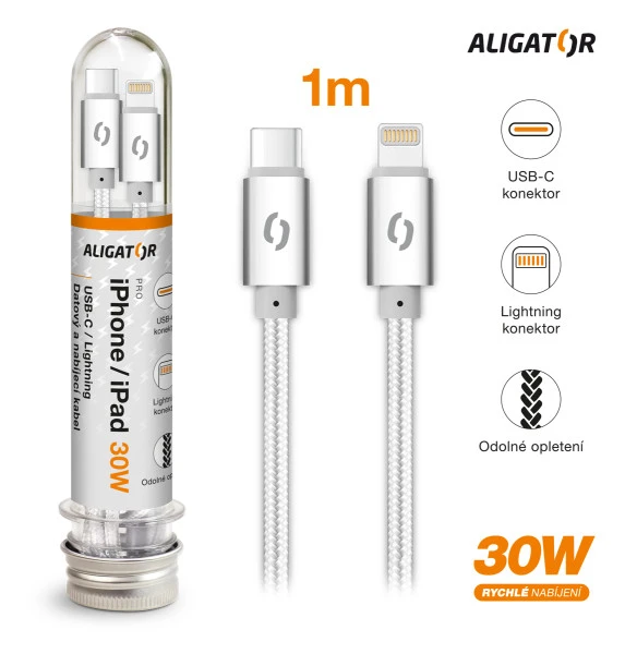 Datový kabel ALIGATOR TUBA 30W, USB-C/Lightning 1m, bílá