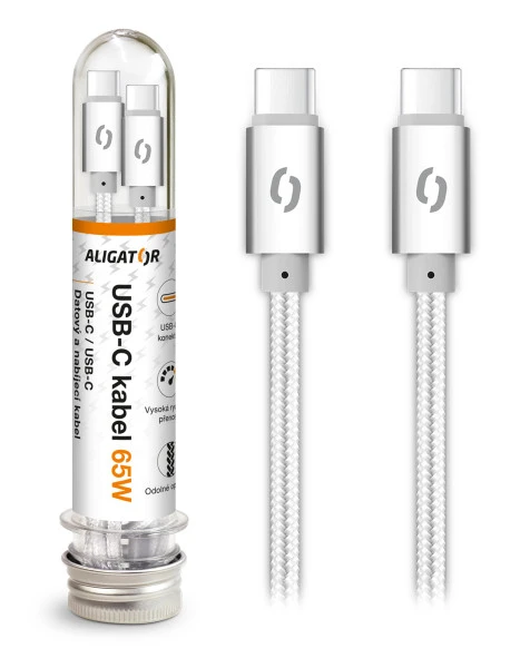 Datový kabel ALIGATOR TUBA, 65W, USB-C/USB-C 1m, bílá