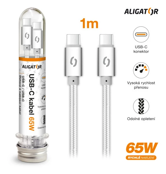 Datový kabel ALIGATOR TUBA, 65W, USB-C/USB-C 1m, bílá