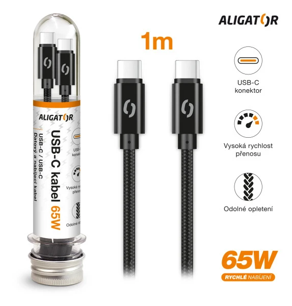 Datový kabel ALIGATOR TUBA, 65W, USB-C/USB-C 1m, černá