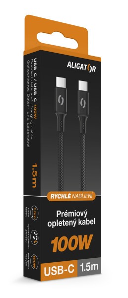 Datový kabel ALIGATOR PREMIUM 5A 100W, USB-C/USB-C, černá