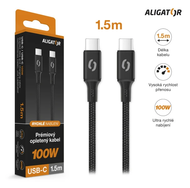 Datový kabel ALIGATOR PREMIUM 5A 100W, USB-C/USB-C, černá