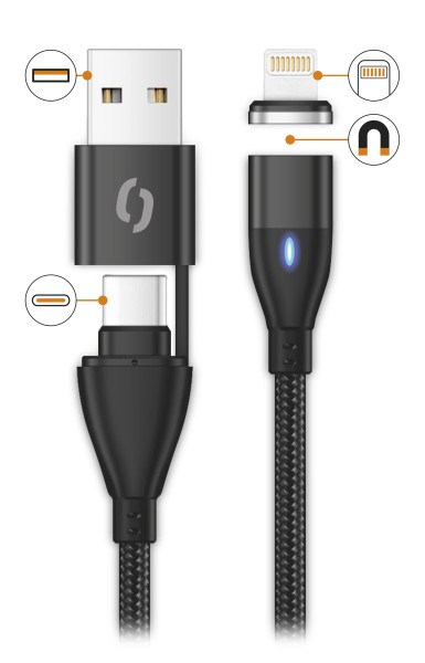 Datový kabel ALIGATOR MAGNETIC 3A 30W, USB-C+USB/Lightning 1,5m