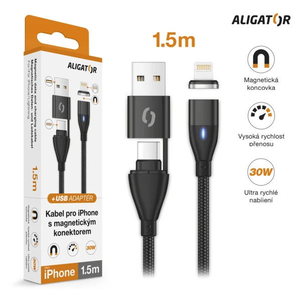 Datový kabel ALIGATOR MAGNETIC 3A 30W, USB-C+USB/Lightning 1,5m