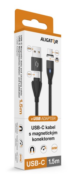 Datový kabel ALIGATOR MAGNETIC 3A 65W, USB-C+USB/USB-C 1,5m