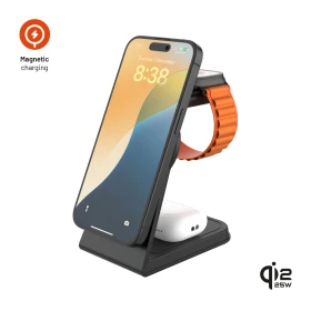 Stojánek s bezdrátovým nabíjením 3v1 FIXED MagPowerstation Alu 3 s podporou MagSafe, 25W+5W+3.5W, Qi2.2, černá