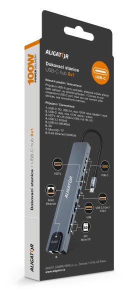 Aligator Dokovací stanice USB-C / Hub 8v1 (USB-C / 2xUSB / SD / MicroSD/ HDTV / RJ45) (obrázek 4)