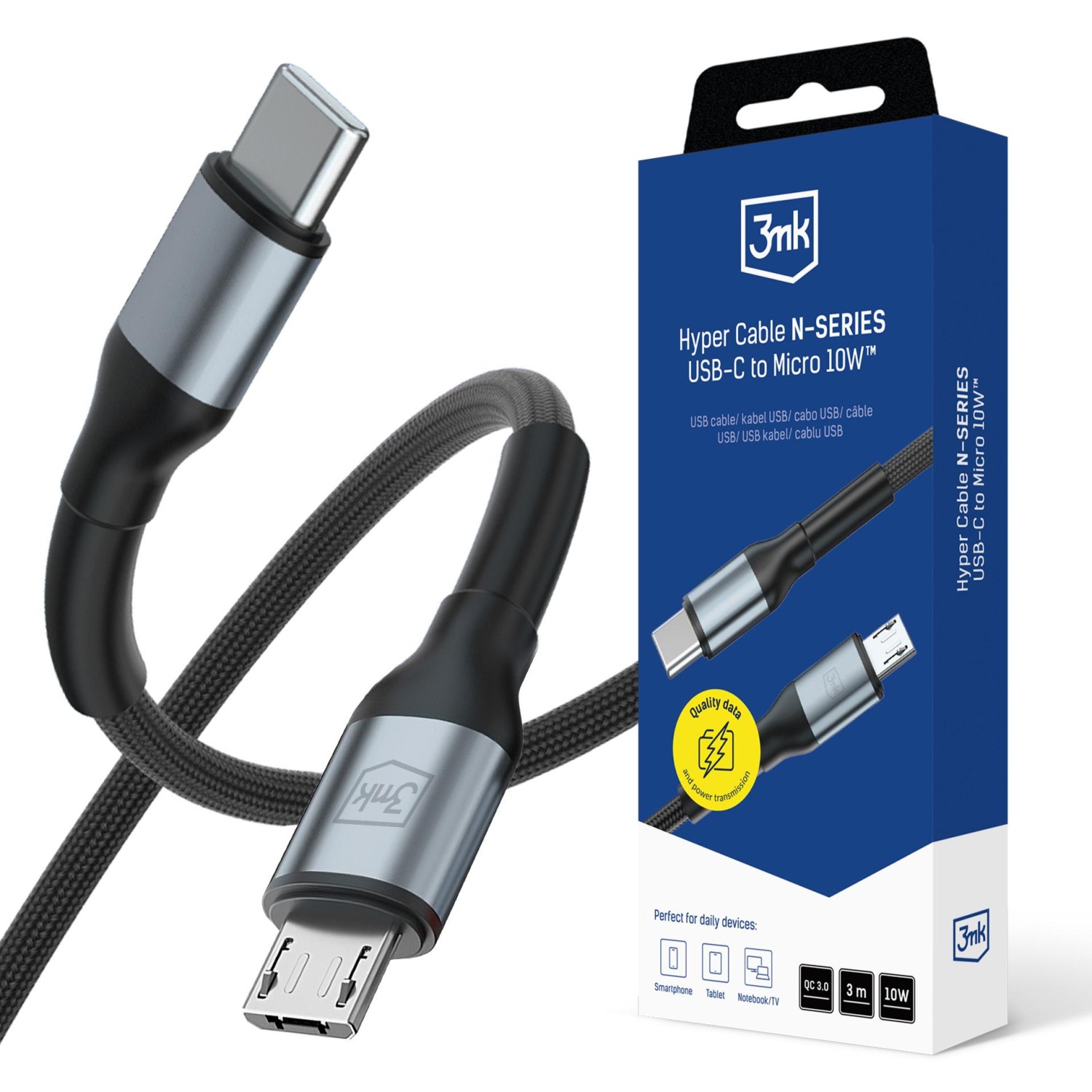 Kabel 3mk Hyper Cable N-SERIES C to Micro 1m QC 3.0 5V/2A 10W, černá