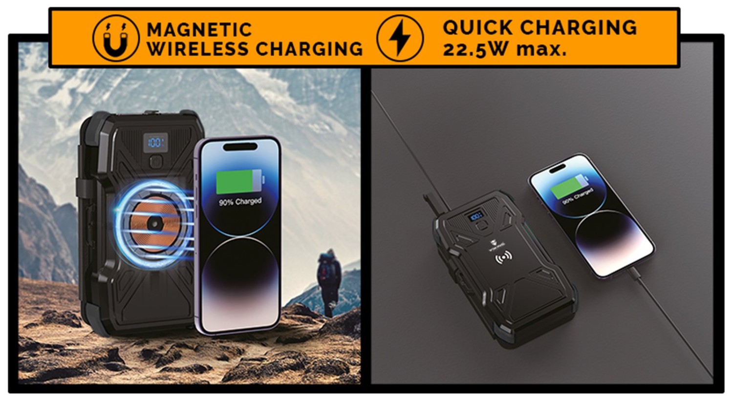 Solární powerbanka VIKING TYR III/Output:1xUSB-C,2xUSB-A/Wireless charge 15W max/30000mAh/LED světlo