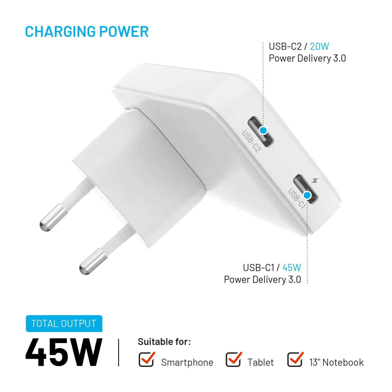FIXED Slim Traveller s 2x USB-C s vyměnitelnými adaptéry, GaN 45W, bílá
