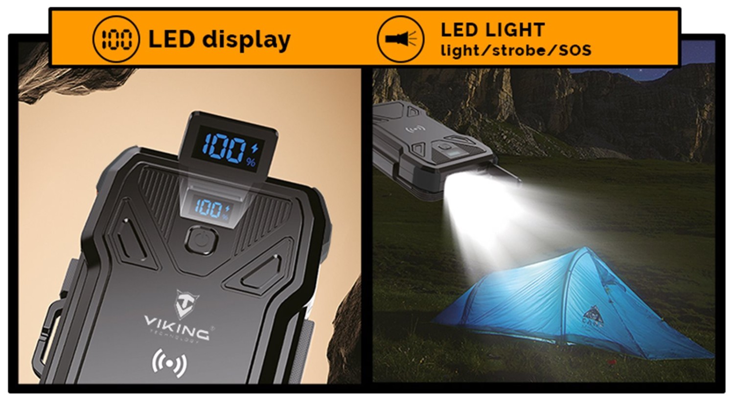 Solární powerbanka VIKING TYR II/Output:1xUSB-C,2xUSB-A/Wireless charge 15W max/20000mAh/LED světlo