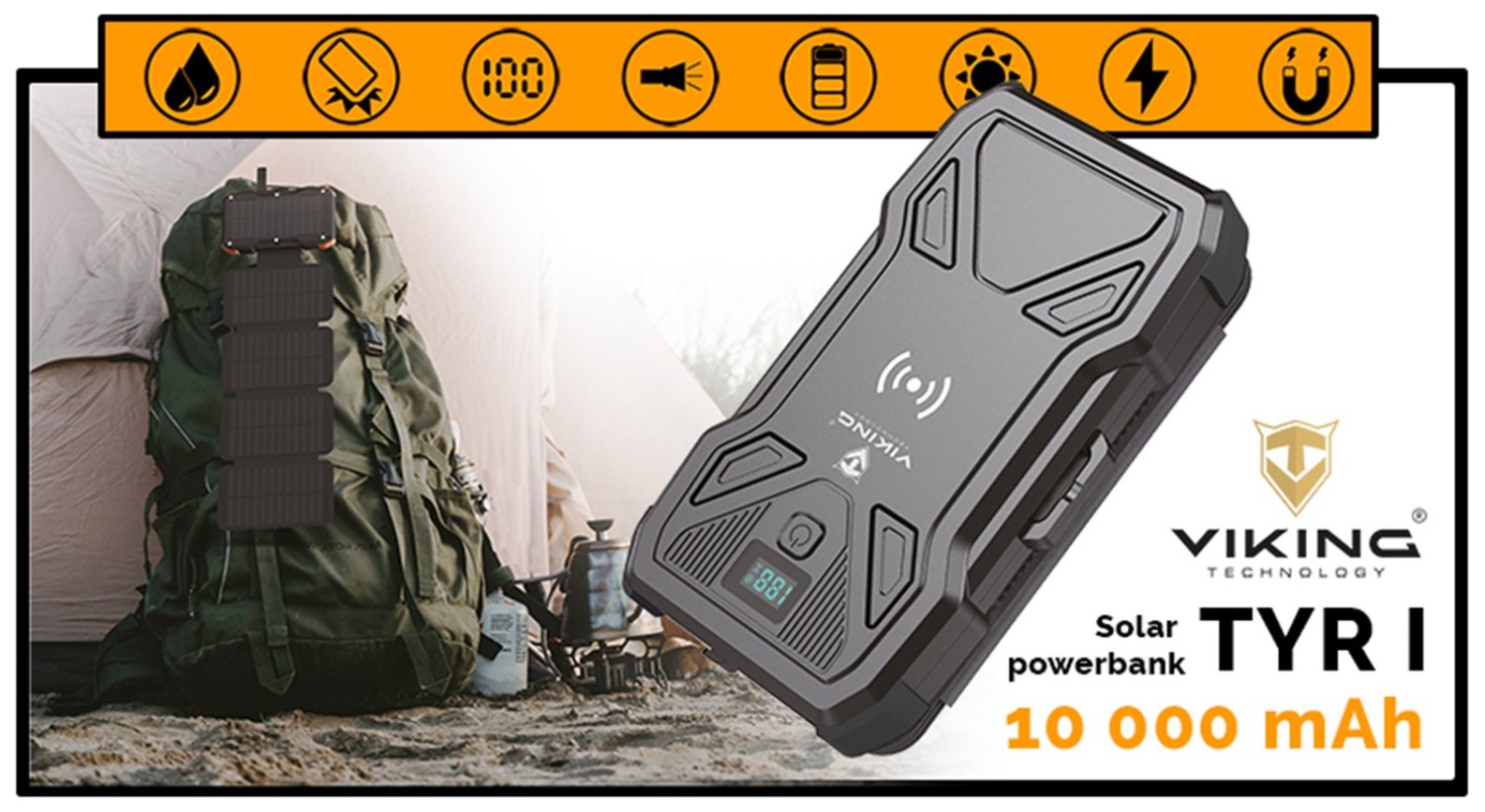 Solární powerbanka VIKING TYR I/Output:1xUSB-C,2xUSB-A/Wireless charge 15W max/10000mAh/LED světlo