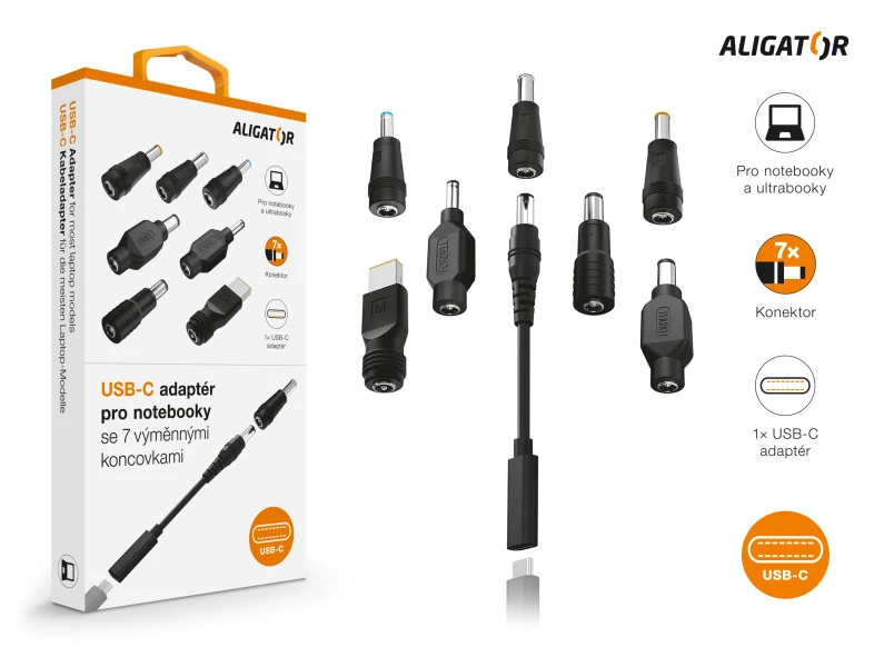 USB-C adaptér pro notebooky a ultrabooky se 7 výměnnými koncovkami