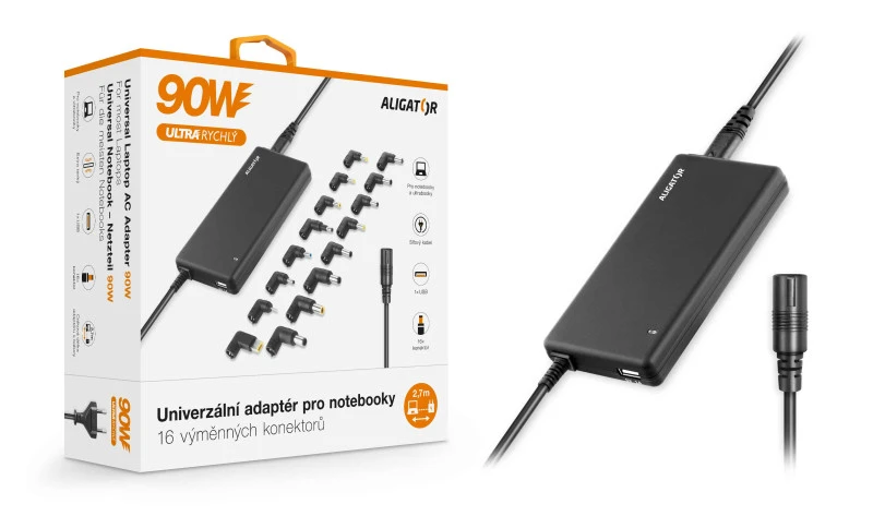 Napájecí univerzální adaptér pro notebook se 16 výměnnými konektory a USB, 90W