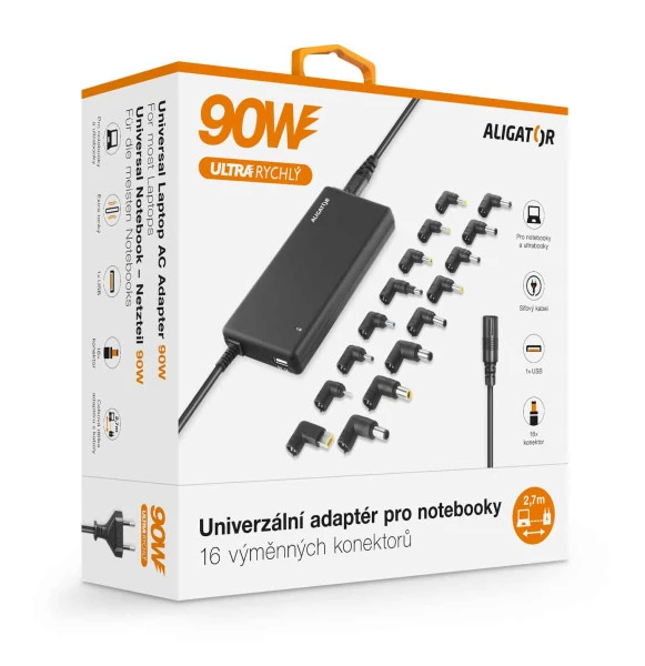 Napájecí univerzální adaptér pro notebook se 16 výměnnými konektory a USB, 90W