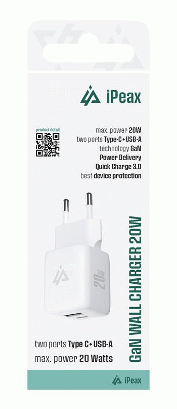 Síťová nabíječka iPEAX GaN 20W (USB-C + USB-A), bílá