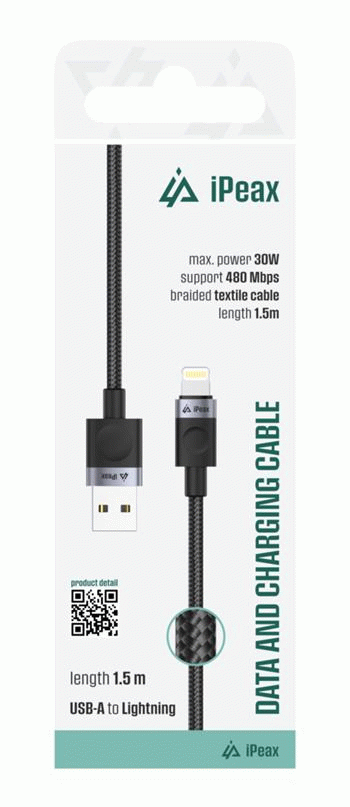 Kabel iPEAX TEXTILNÍ USB-A / LIGHTNING 1,5M, USB 2.0, černá